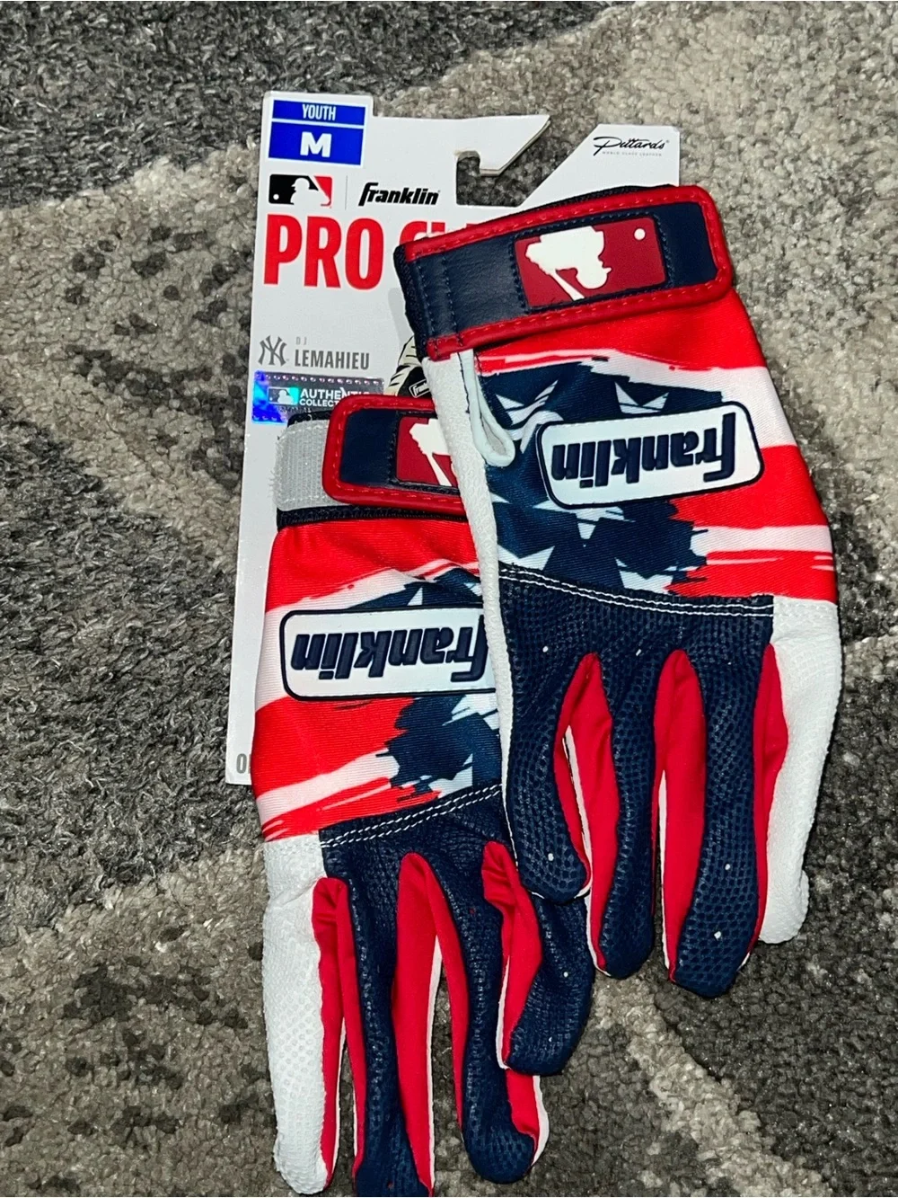 Franklin Sports MLB Pro Classic batting gloves, patriotic stars & stripes.